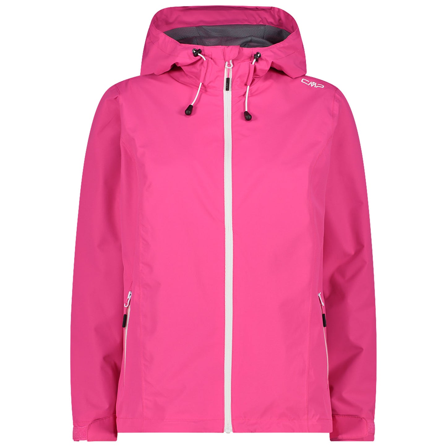 A bright pink rain jacket features a hood with drawstrings and a front zipper. It has two side pockets and is designed for outdoor wear in wet weather conditions.