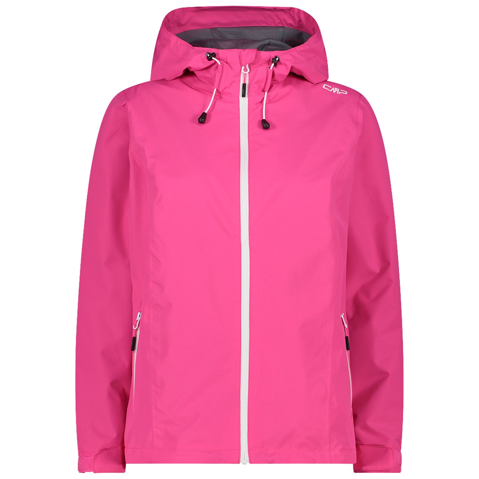A bright pink rain jacket features a hood with drawstrings and a front zipper. It has two side pockets and is designed for outdoor wear in wet weather conditions.