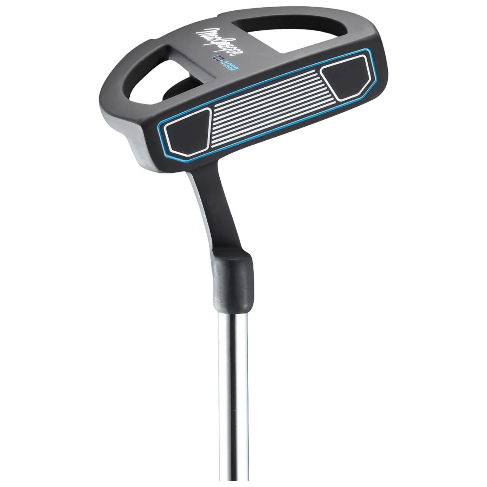 A golf putter with a black and silver design is positioned upright on a surface featuring a wide, flat head that has a textured striking area and a sleek shaft for stability.