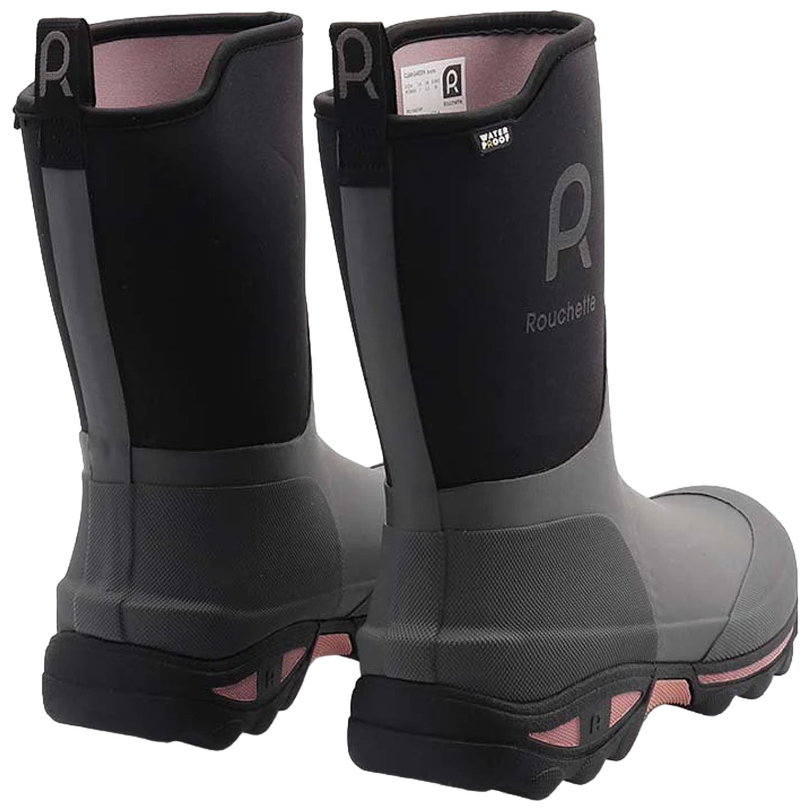 Waterproof boots are displayed upright showing their black and gray design featuring a prominent logo and pull tabs The background is plain providing focus on the boots