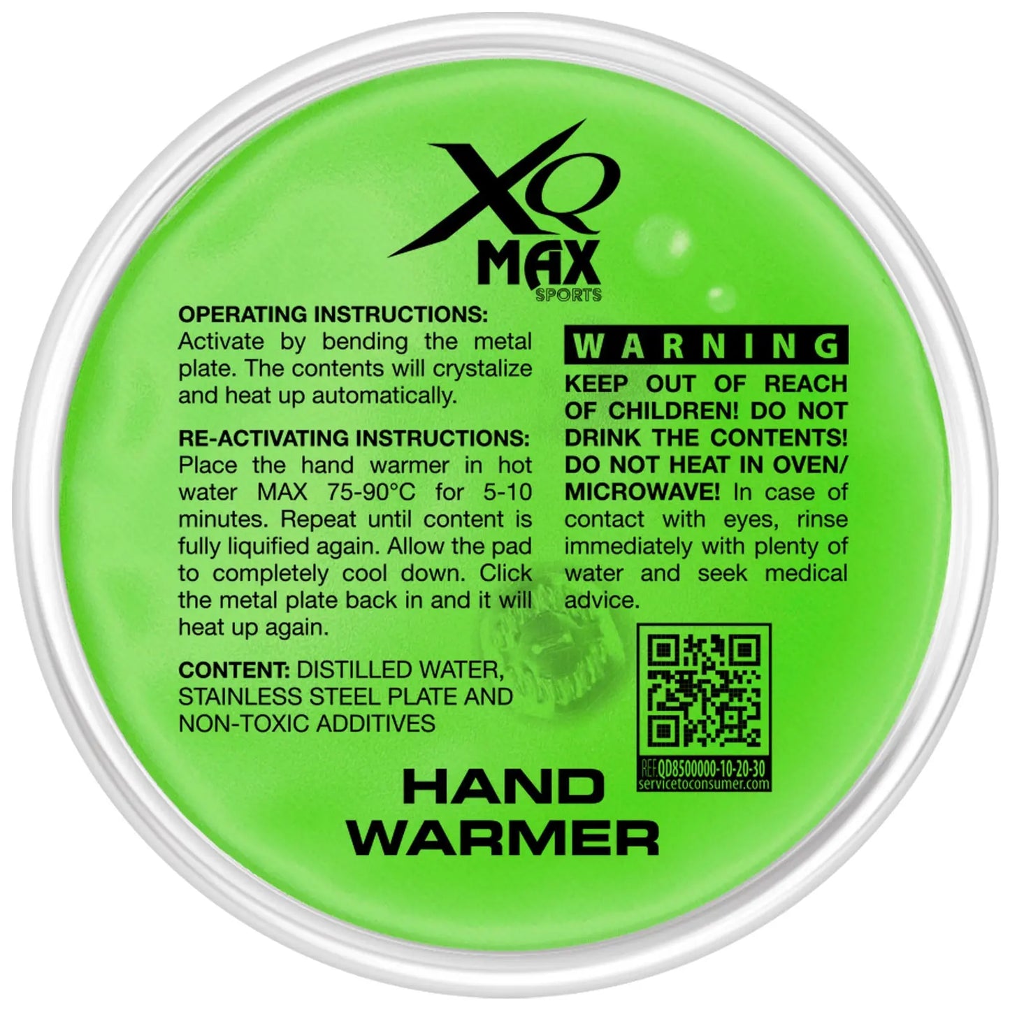 A round green hand warmer contains instructions on activation and reactivation by bending a metal plate and using hot water with a warning about safety precautions and contents.