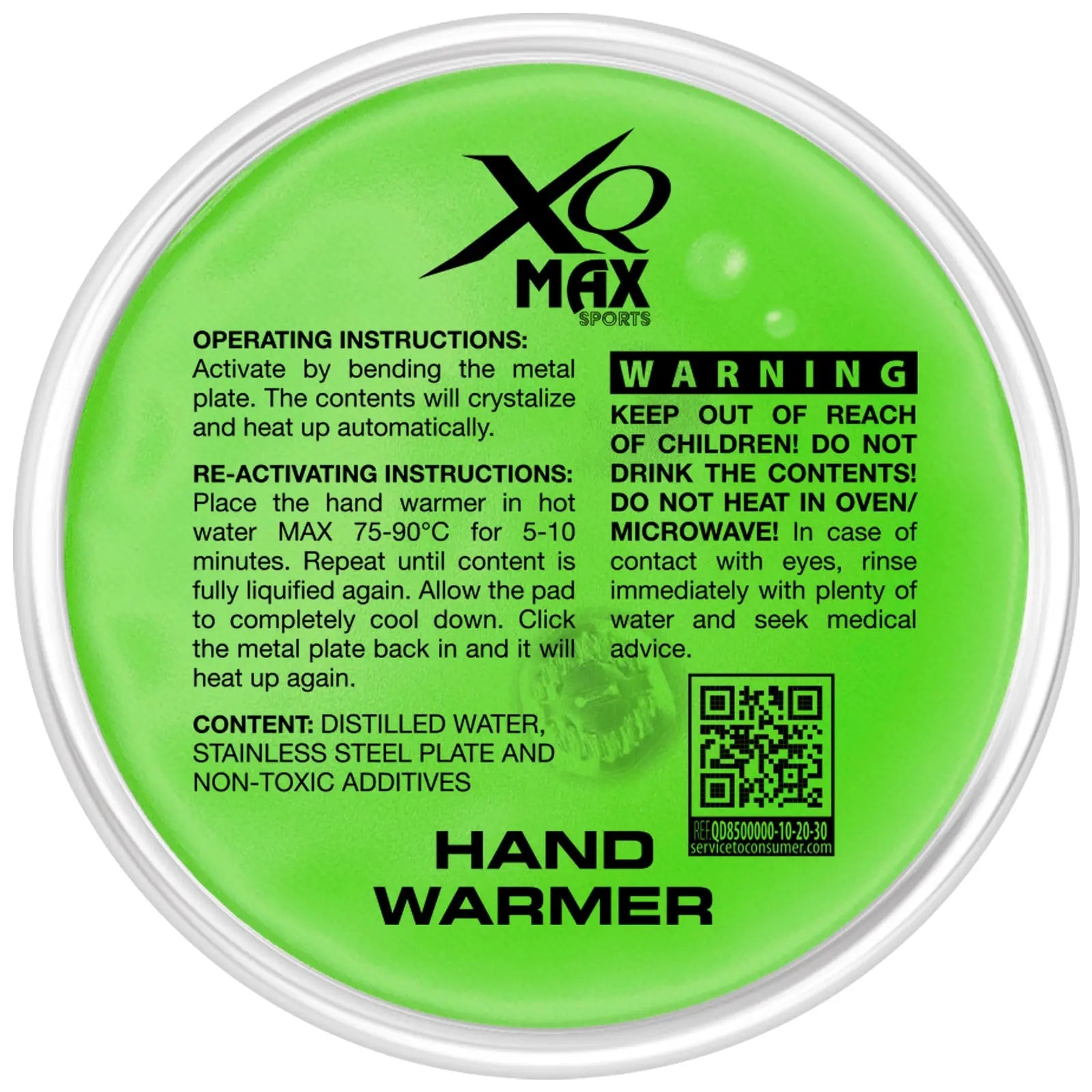 A round green hand warmer contains instructions on activation and reactivation by bending a metal plate and using hot water with a warning about safety precautions and contents.