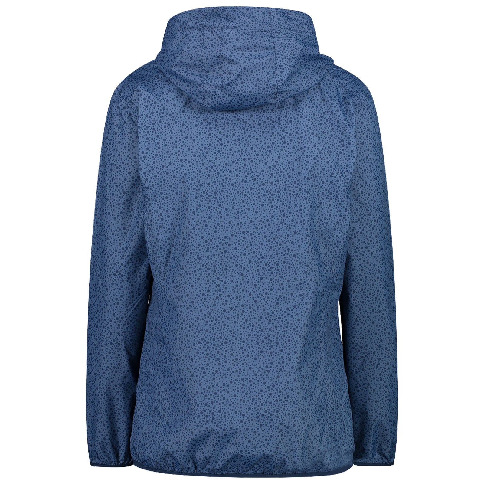 A blue rain jacket features a hood and a textured pattern of small speckles on the fabric the jacket is displayed flat against a plain background.