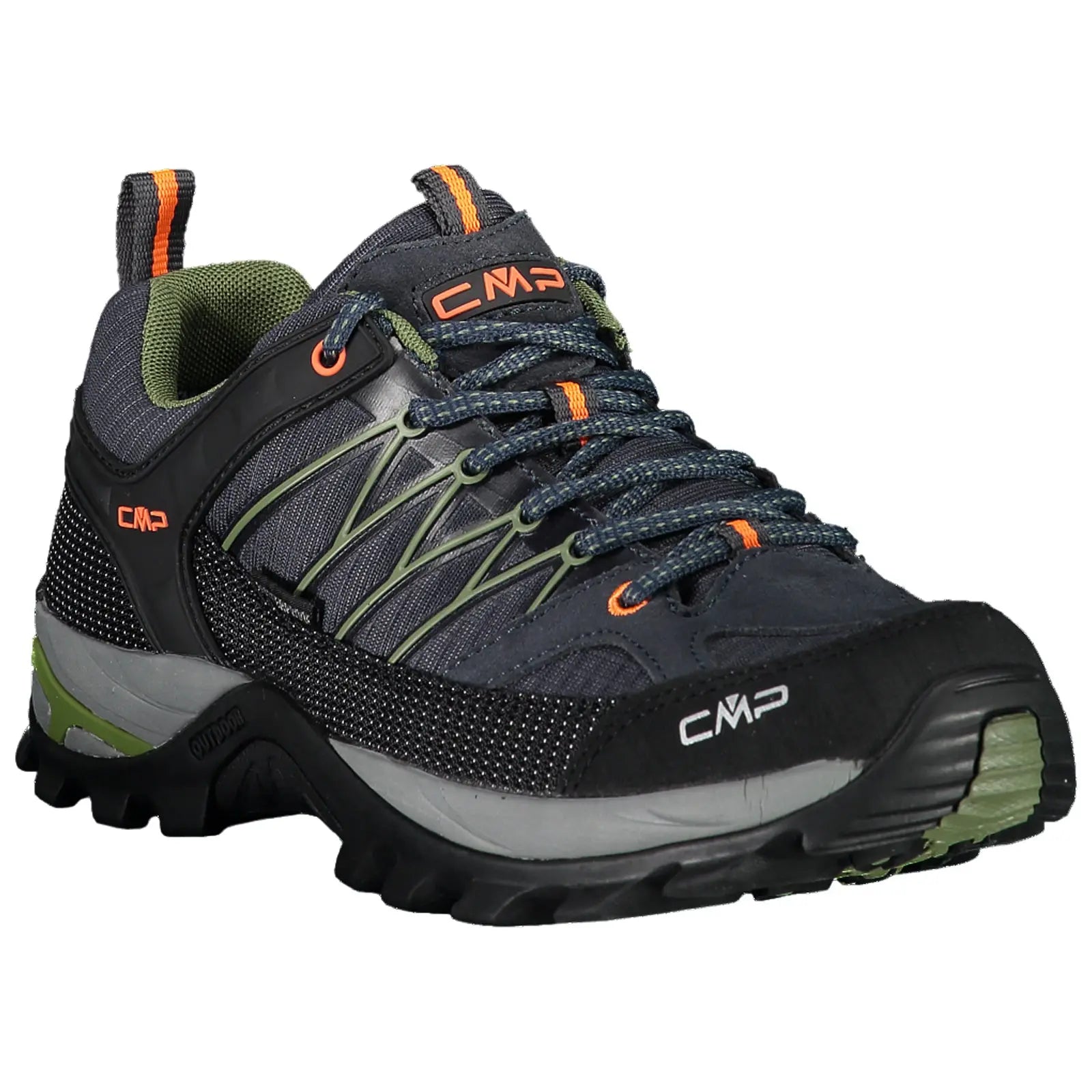 A hiking shoe designed for outdoor use features a rugged sole for traction a padded collar for comfort and a combination of dark fabric with bright orange and green accents