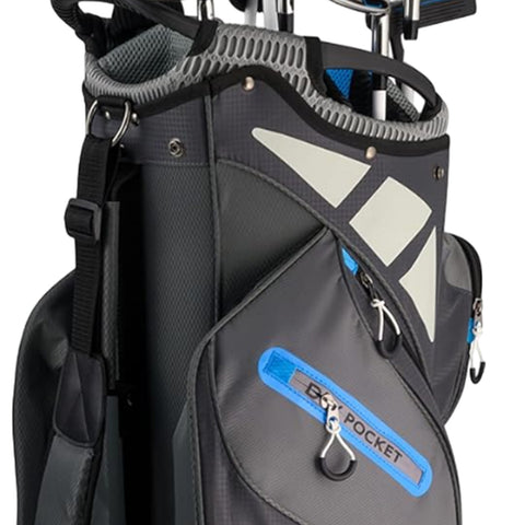 A black and gray golf bag features multiple compartments including a large pocket with a blue label labeled 'BAG POCKET' and zippers for securing items, suspended for easy access.