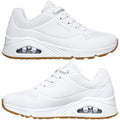 White sneakers feature a perforated design and a visible air-cushioning unit in the sole with a gum rubber outsole providing traction ideal for casual wear or exercise.