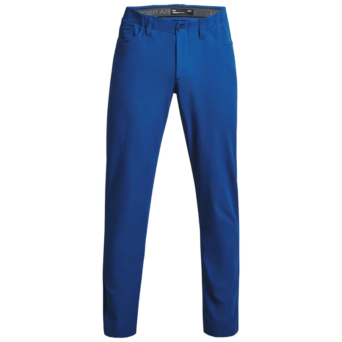 Blue pants are displayed vertically with a smooth texture featuring pockets and a button closure in a plain, neutral background. The waistband shows a branded label.