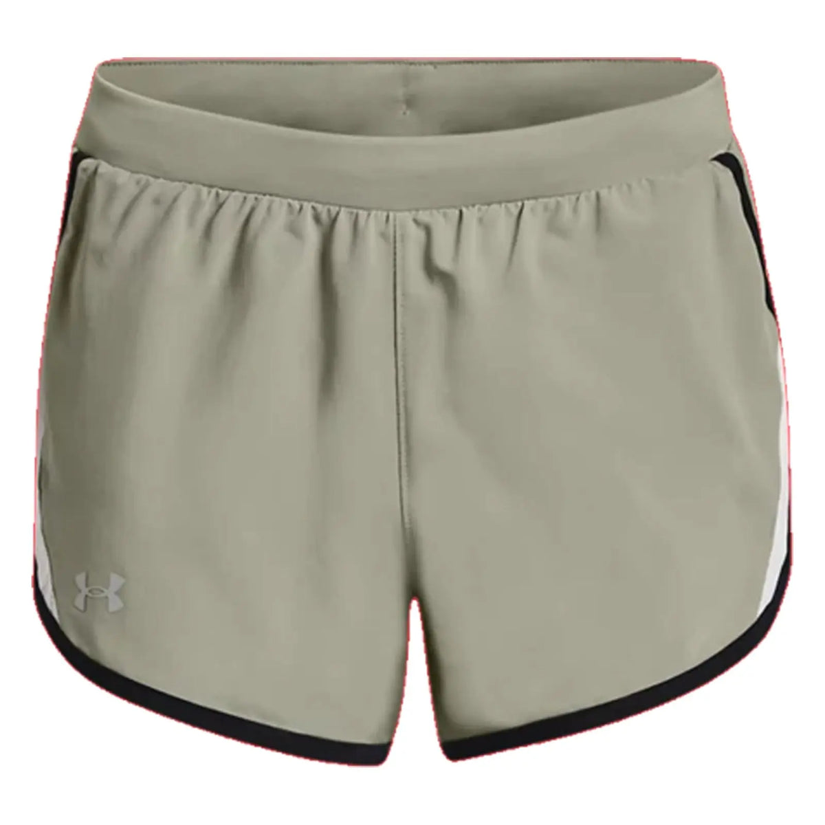 Athletic shorts are displayed with a relaxed fit and an elastic waistband showcasing a light green color with contrasting black and white side accents suitable for sports or casual wear.