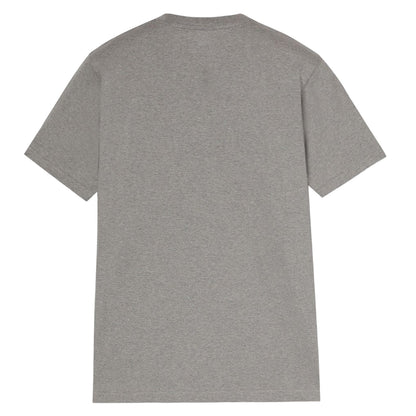 A gray short-sleeved t-shirt is displayed flat facing away showing a simple design and fabric texture in a neutral setting that emphasizes its basic, casual appearance