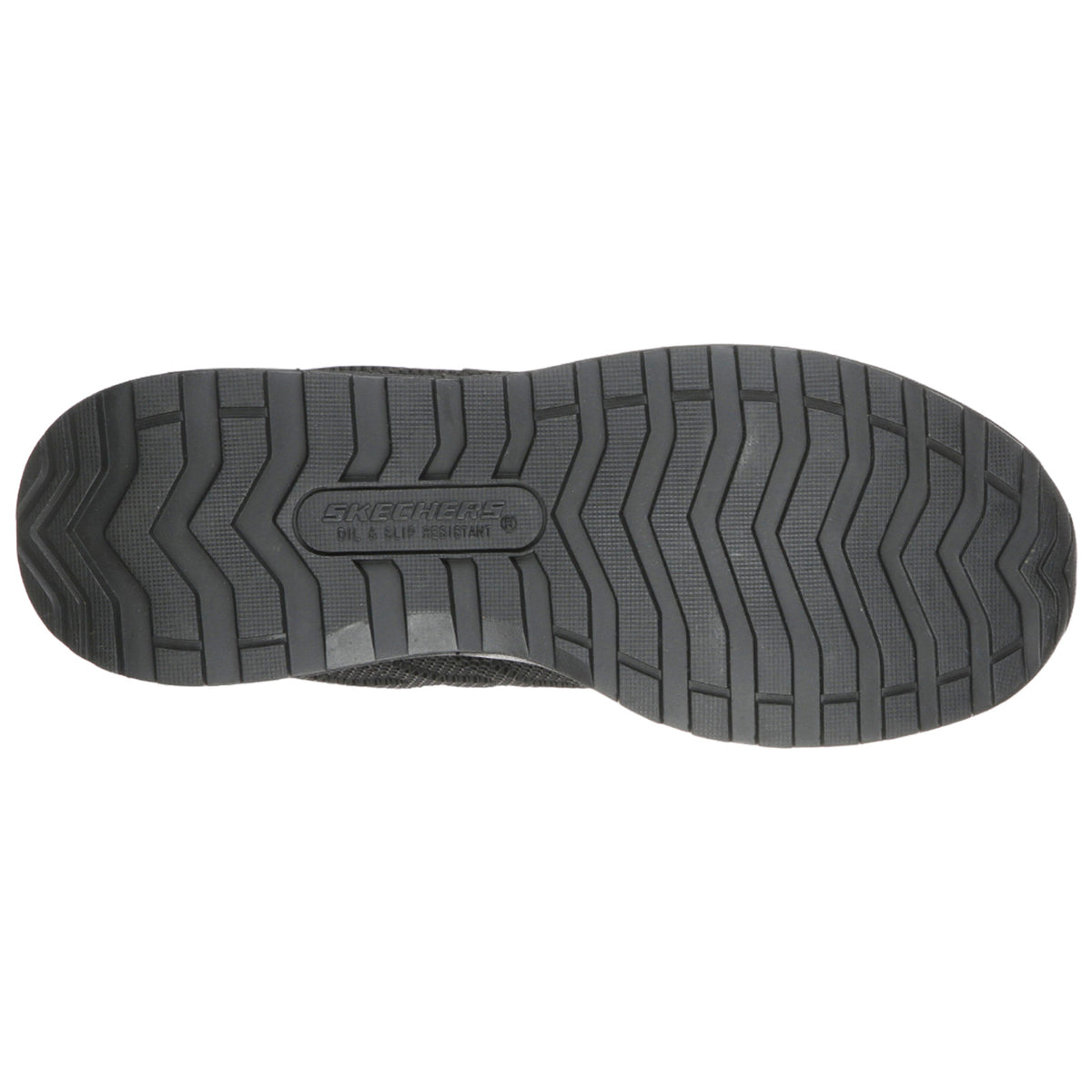 A black shoe sole with a zigzag tread pattern is displayed facing upwards the texture suggests durability and slip resistance with branding indicating it's a Skechers product designed for grip and stability