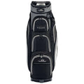 A black golf bag stands upright featuring multiple storage pockets and a padded top section designed for clubs located in a neutral setting with no specific environmental features visible.