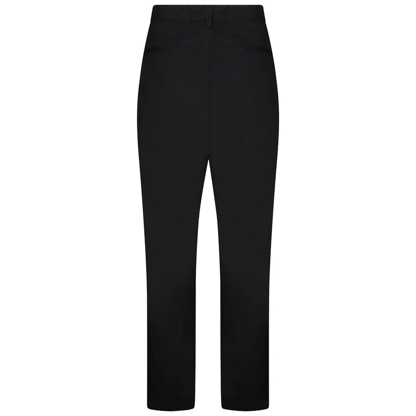 Black trousers are displayed upright showcasing a straight-leg design and no visible embellishments in a plain, uncluttered setting emphasizing their simple and classic style