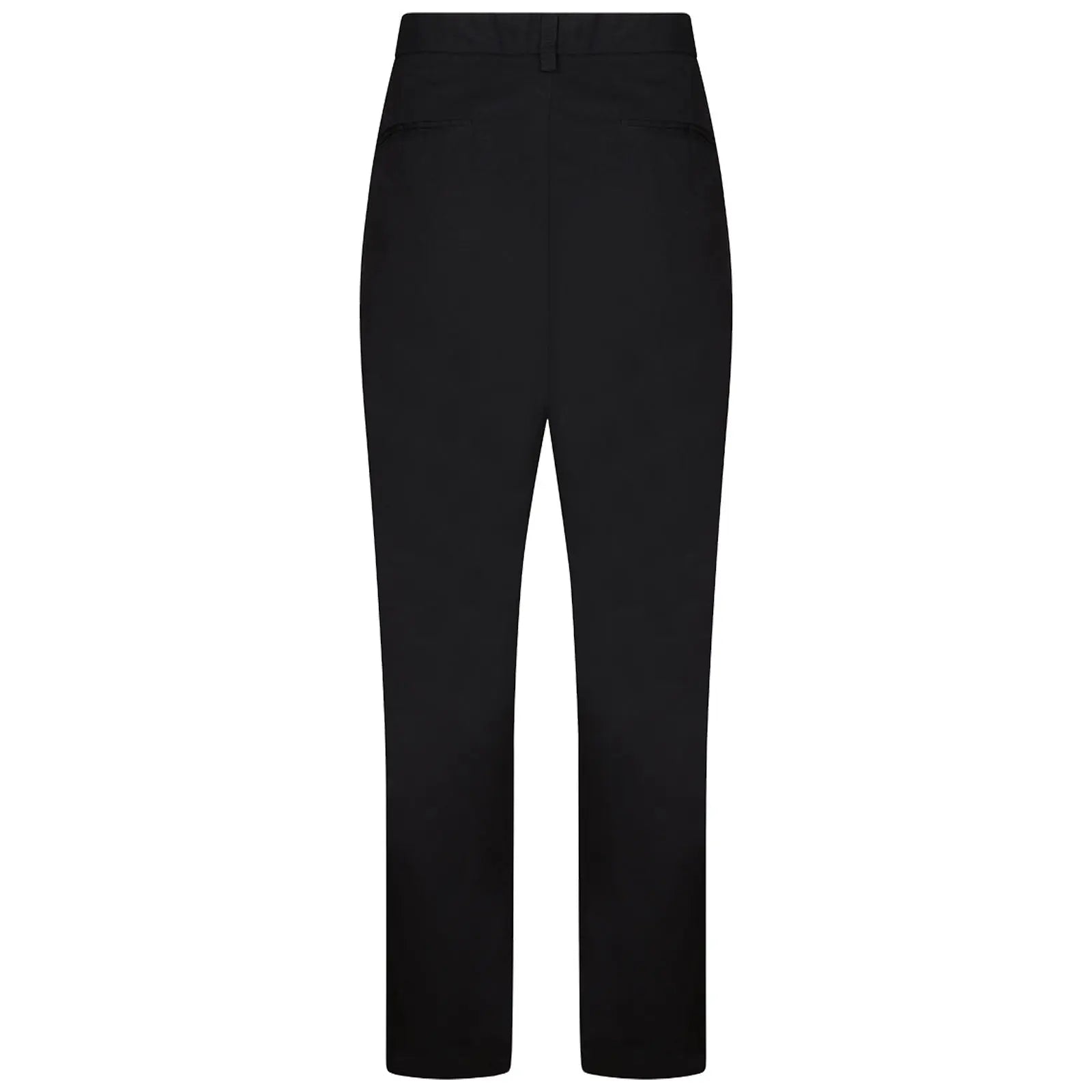 Black trousers are displayed upright showcasing a straight-leg design and no visible embellishments in a plain, uncluttered setting emphasizing their simple and classic style