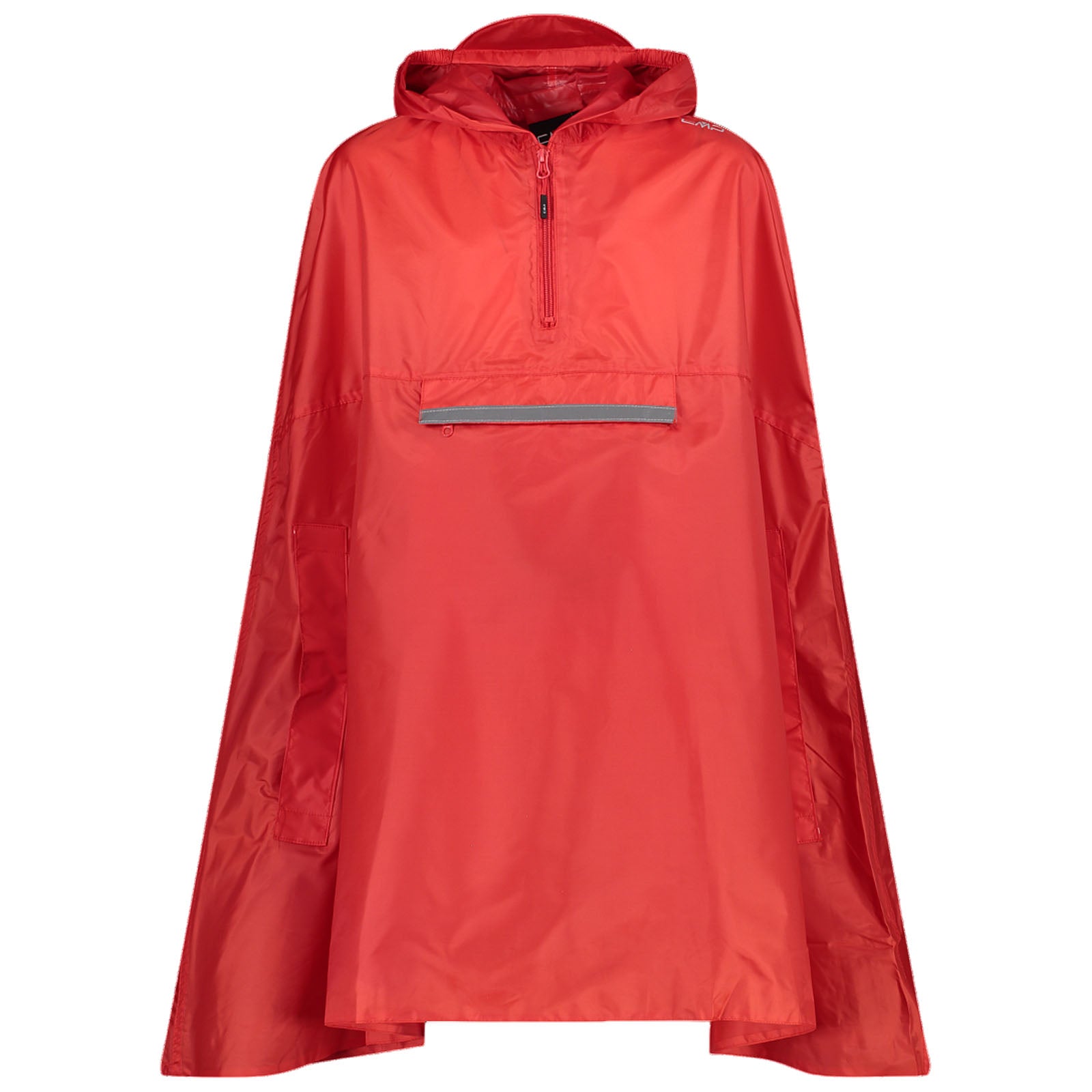 A red rain poncho with a hood is displayed. It features a front zipper and a small pocket with a reflective stripe on it. The background is plain and neutral.