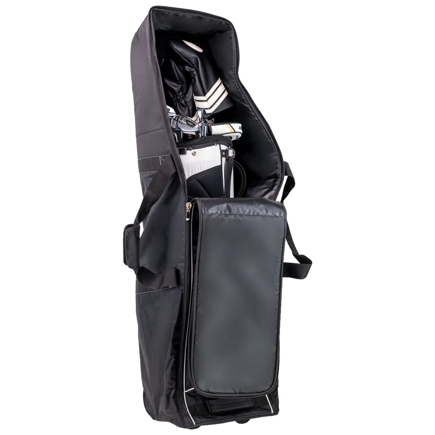 A black golf bag stands vertically open showing various golf clubs and accessories inside while having a zipped compartment on the side for additional storage.