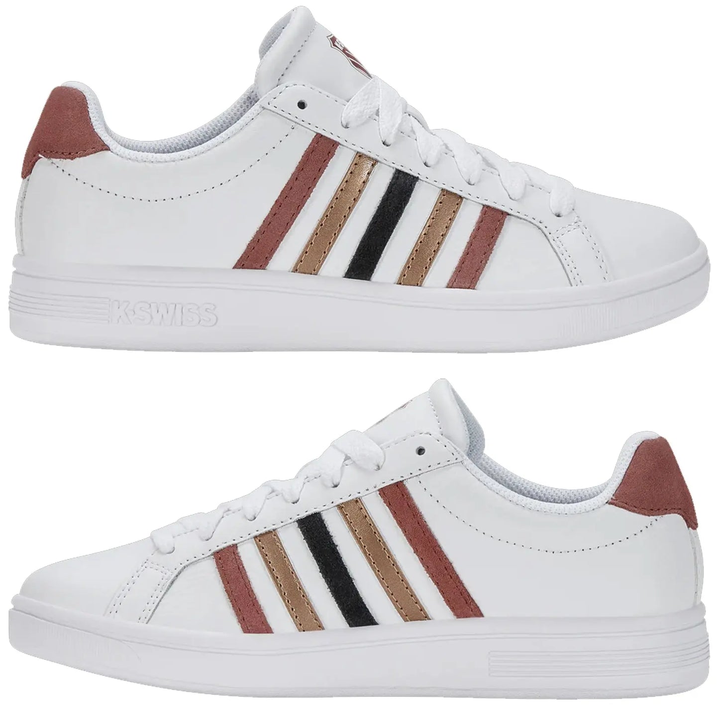 A pair of white sneakers features three horizontal stripes in brown black and light brown on each side and has a tan suede heel tab positioned at the back