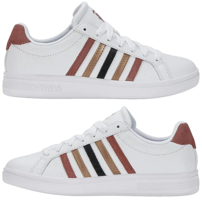A pair of white sneakers features three horizontal stripes in brown black and light brown on each side and has a tan suede heel tab positioned at the back