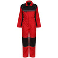 A red and black coverall stands upright displaying its long sleeves and collar in a plain background suggesting a workwear context suitable for mechanics or laborers.