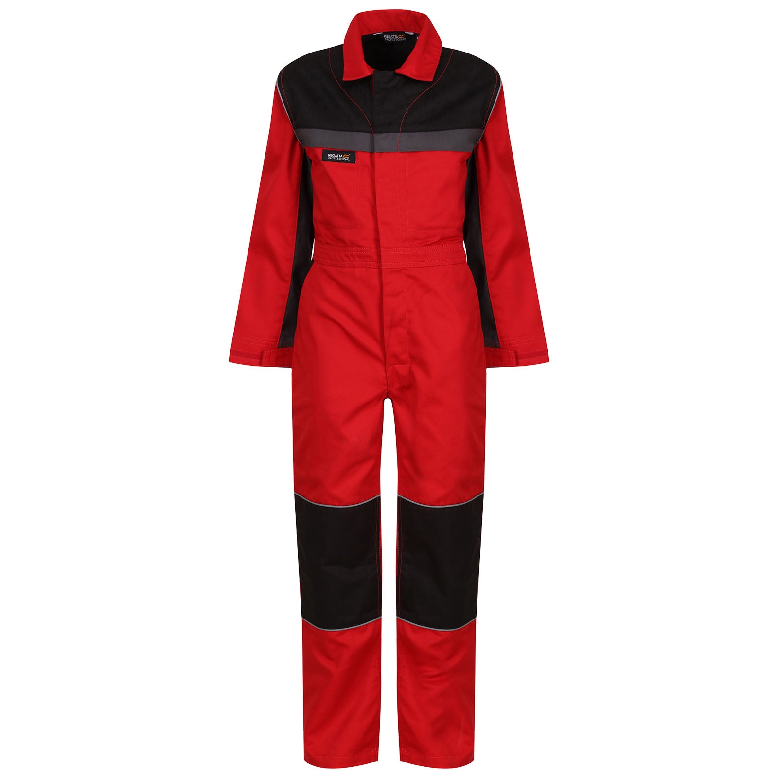 A red and black coverall stands upright displaying its long sleeves and collar in a plain background suggesting a workwear context suitable for mechanics or laborers.