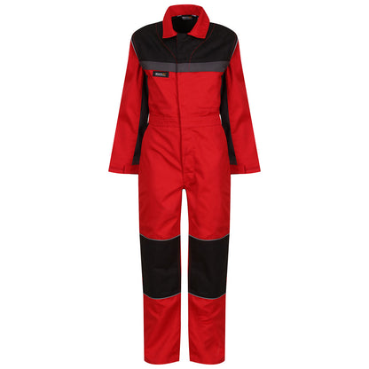 A red and black coverall stands upright displaying its long sleeves and collar in a plain background suggesting a workwear context suitable for mechanics or laborers.