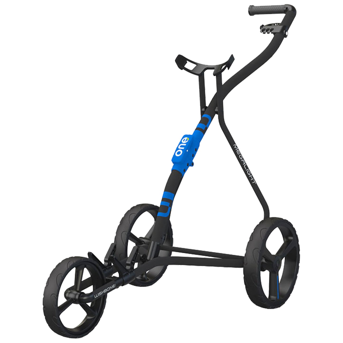 A sleek black and blue golf push cart rests upright on three large wheels designed for maneuverability showcasing a modern frame with handles for easy steering in a golfing environment