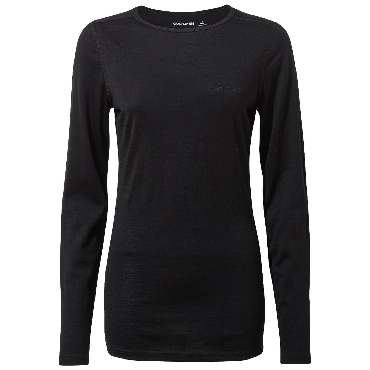 Black long-sleeve shirt hangs vertically showcasing a simple design with a crew neckline and minimal branding on the front suitable for casual or outdoor wear.
