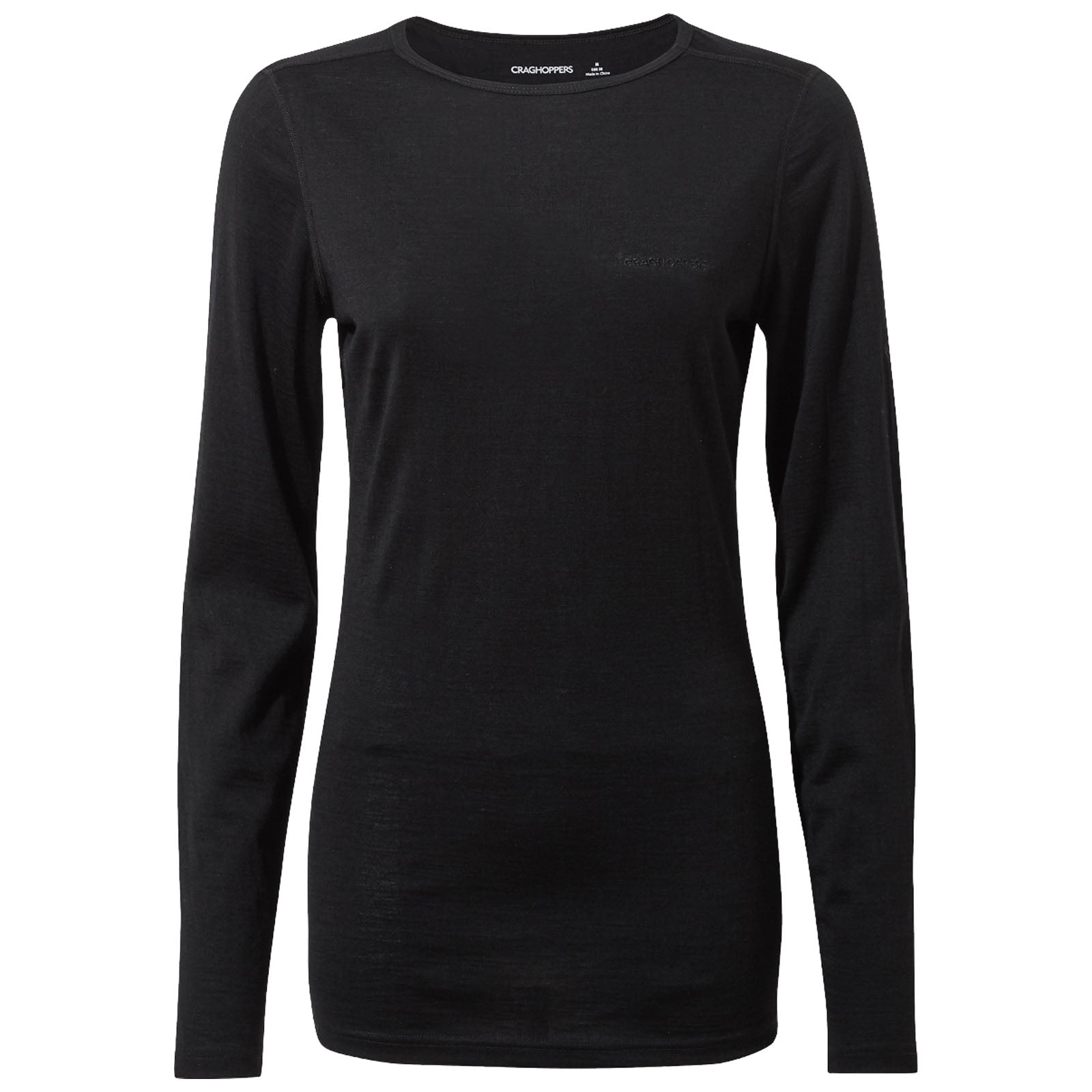 Black long-sleeve shirt hangs vertically showcasing a simple design with a crew neckline and minimal branding on the front suitable for casual or outdoor wear.