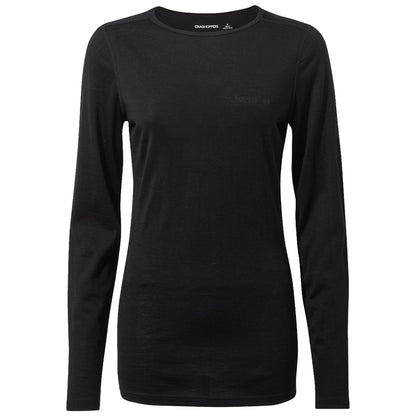 Black long-sleeve shirt hangs vertically showcasing a simple design with a crew neckline and minimal branding on the front suitable for casual or outdoor wear.