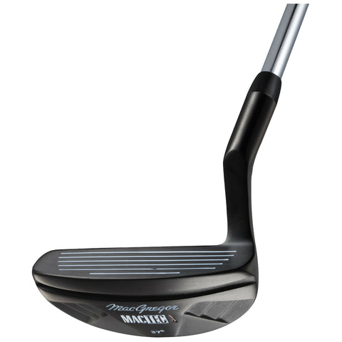 A golf club head is displayed angled upwards with a black and silver design featuring horizontal grooves on the face for grip and control in striking the golf ball.