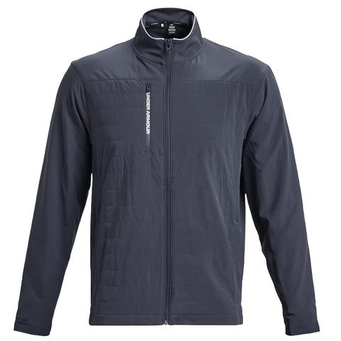 A dark gray zip-up jacket is displayed with a high collar and long sleeves featuring quilted sections on the front and the Under Armour logo on the side.