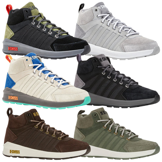 A collection of six pairs of high-top sneakers displayed prominently each pair showcases a unique color combination and style with laces and branding visible on the sides and tongues.