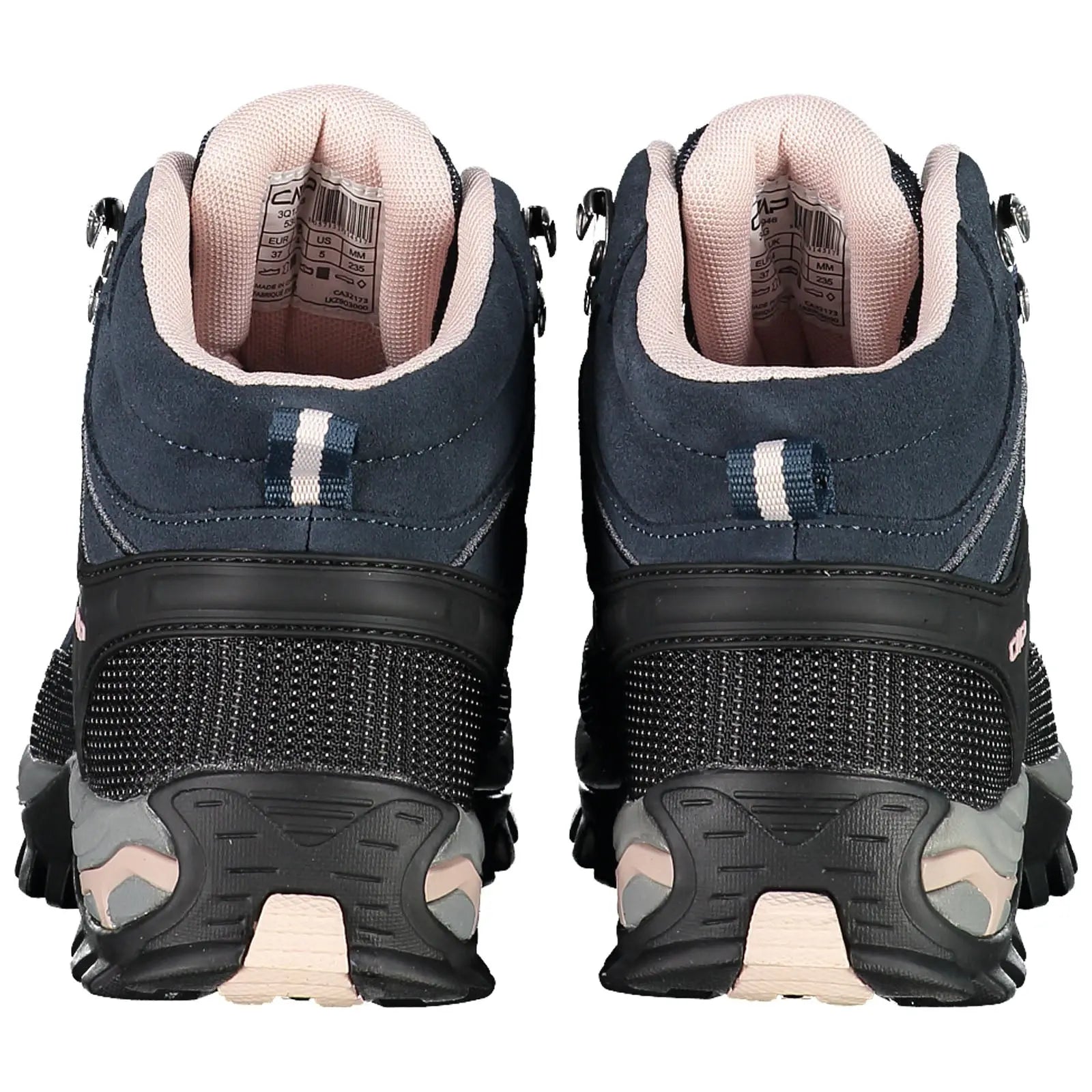 A pair of dark blue hiking shoes is positioned against a plain background showcasing a rugged design with mesh and rubber outsoles suitable for outdoor activities.