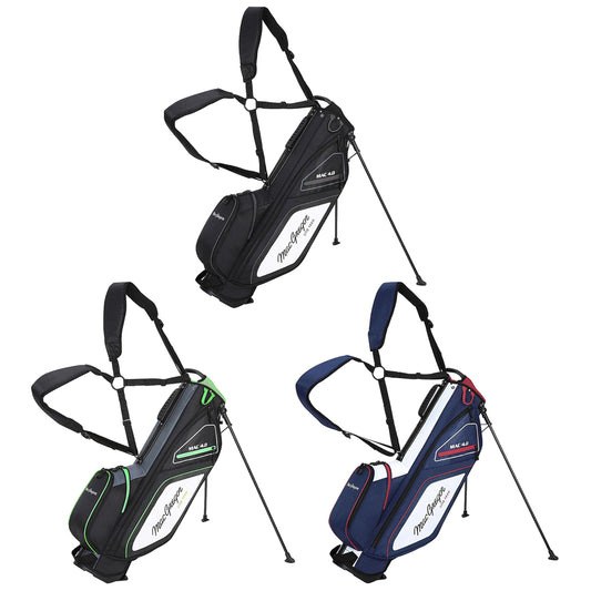 Three golf carry bags are displayed in different colors: black with green accents blue with red accents and solid black. Each bag has shoulder straps and stands for easy access.