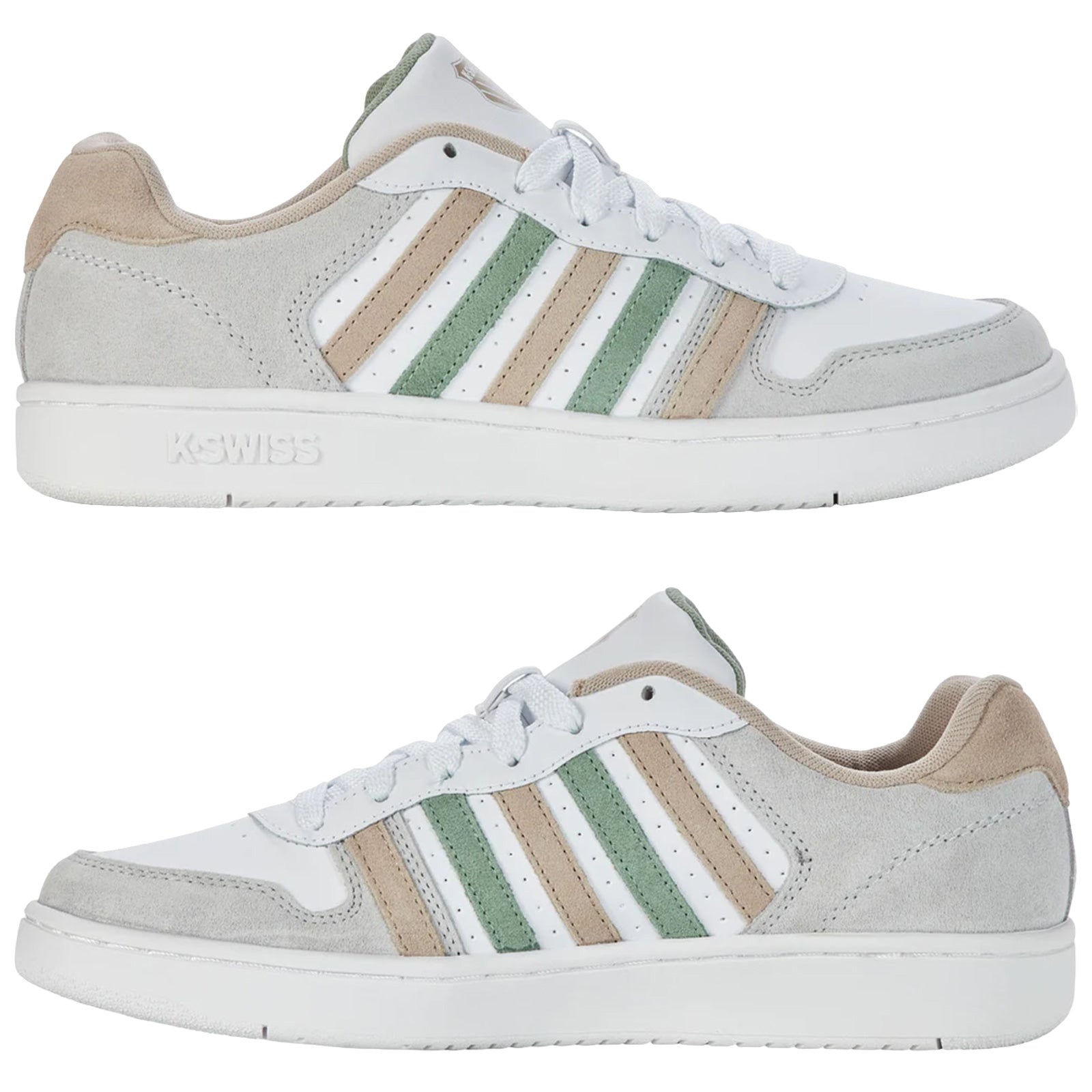 A pair of white sneakers with green and beige stripes rests on a flat surface showcasing smooth leather and suede textures designed for casual wear featuring a lace-up closure and a padded collar.