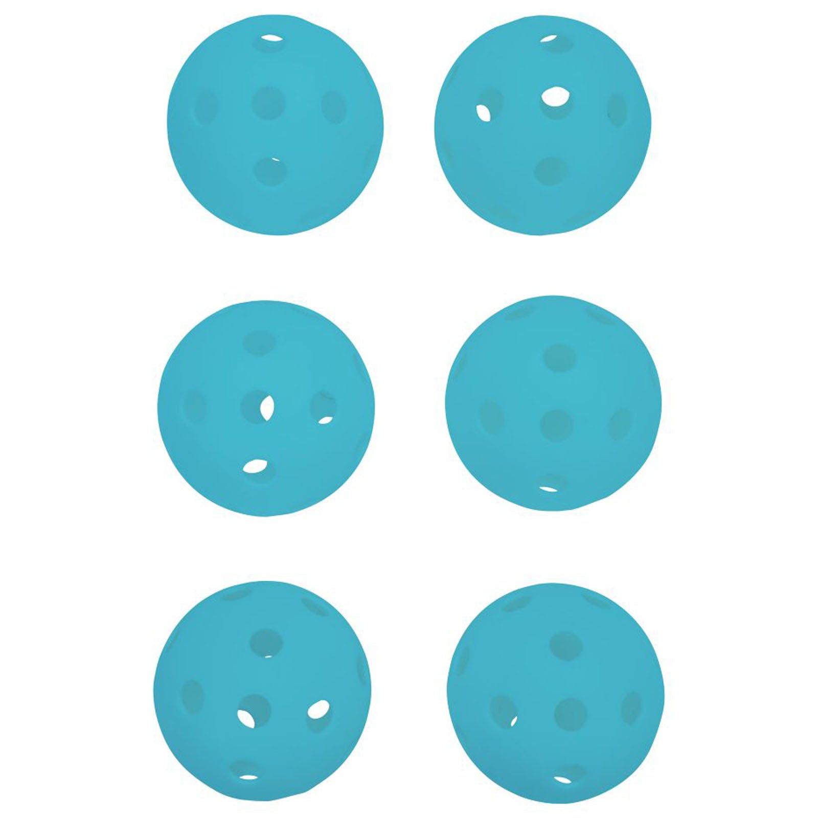 Six light blue balls are arranged in two rows of three displaying various holes across their surfaces indicating they are designed for sport or play in an indoor or outdoor setting
