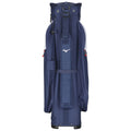 A navy golf bag stands upright showcasing storage compartments and a brand logo on the front used for carrying golf clubs and accessories on the course.
