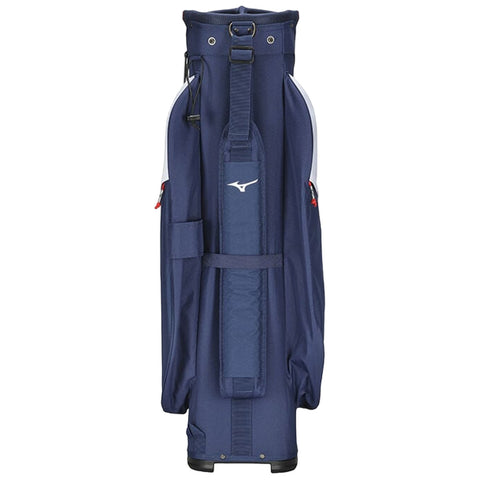 A navy golf bag stands upright showcasing storage compartments and a brand logo on the front used for carrying golf clubs and accessories on the course.