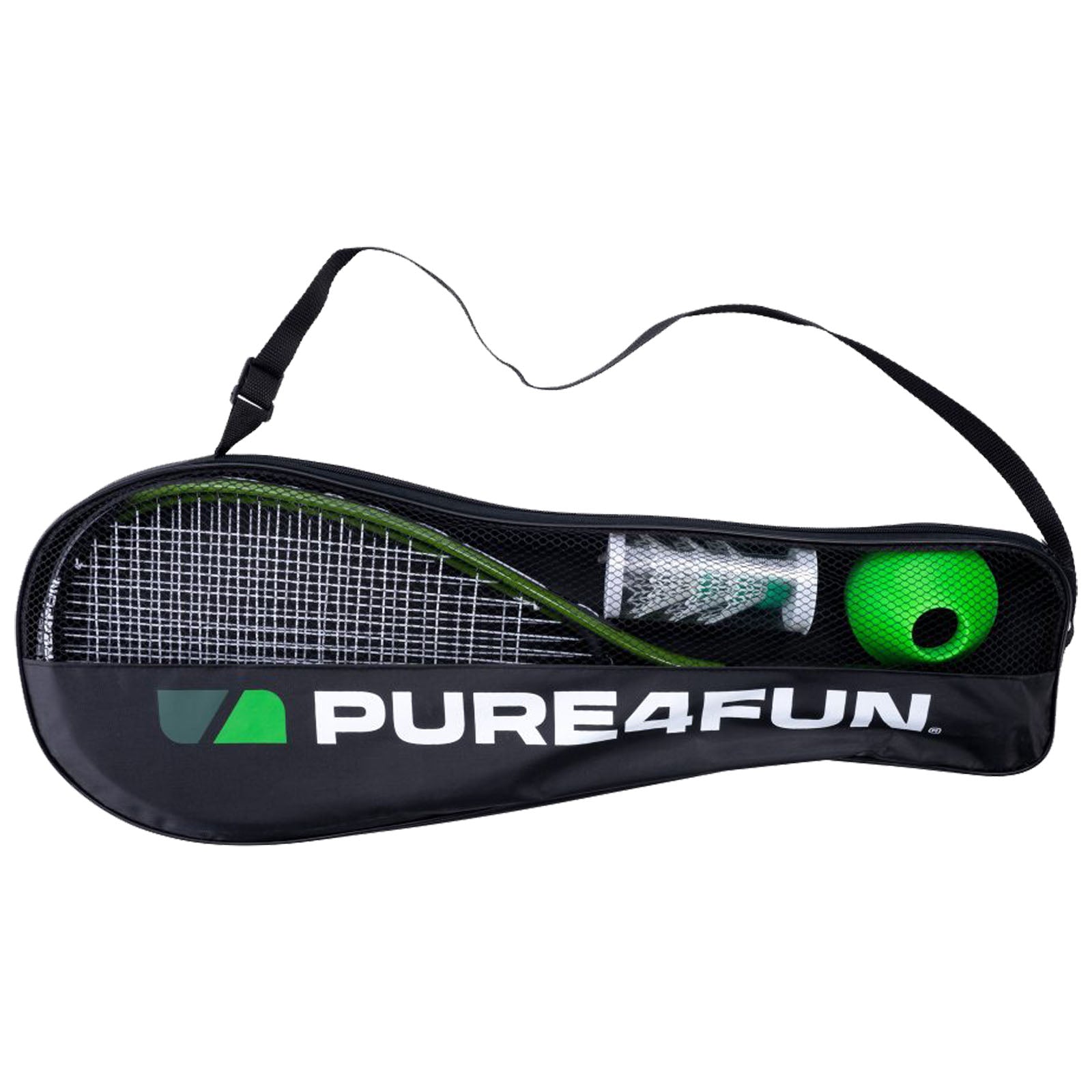 A black tennis racquet bag with a mesh side shows a racquet a shuttlecock and a green ball inside while displaying the logo PURE4FUN on the front