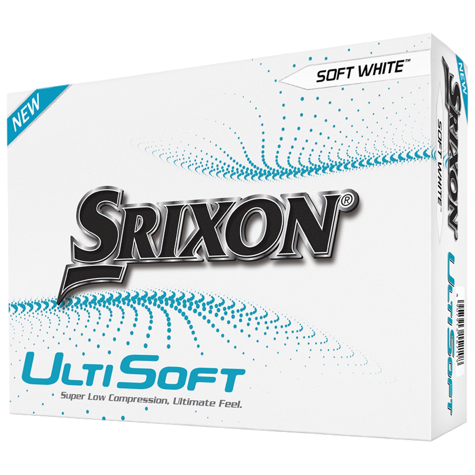 A white box features the brand name Srixon prominently alongside the product name UltiSoft in blue. It is designed for golf balls emphasizing softness and low compression.