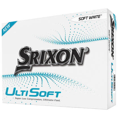 A white box features the brand name Srixon prominently alongside the product name UltiSoft in blue. It is designed for golf balls emphasizing softness and low compression.
