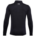 A dark long-sleeve polo shirt is displayed from the back view featuring a collar and an Under Armour logo at the nape, set against a plain background.