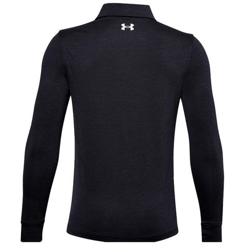 A dark long-sleeve polo shirt is displayed from the back view featuring a collar and an Under Armour logo at the nape, set against a plain background.