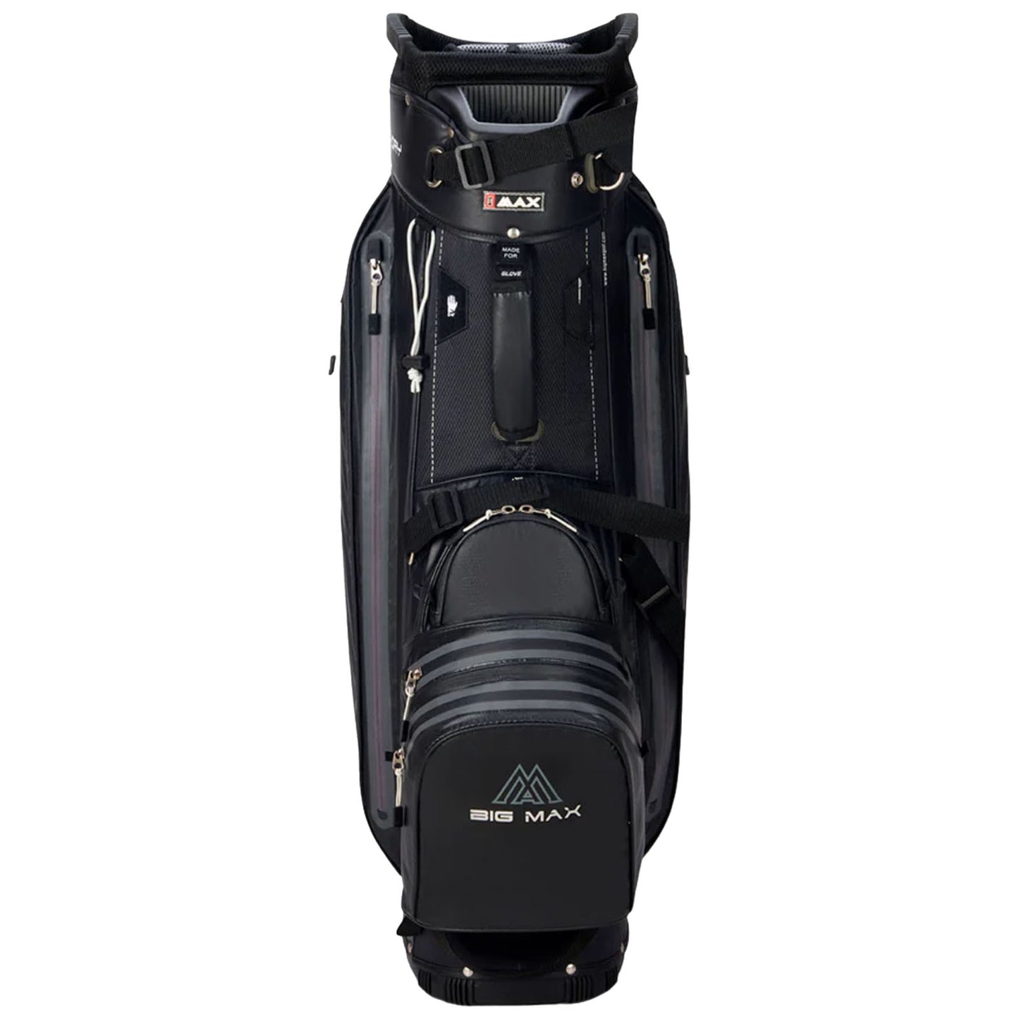A black golf bag stands upright showcasing multiple pockets and compartments featuring a padded strap for carrying in a golf course environment designed for storing golf clubs and accessories