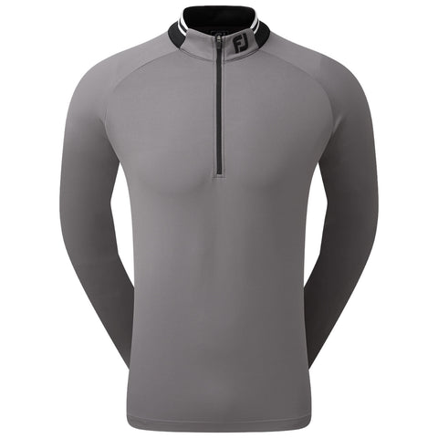 A gray long-sleeve shirt with a quarter zip is displayed. The shirt features a black collar with white stripes and a logo at the neckline.