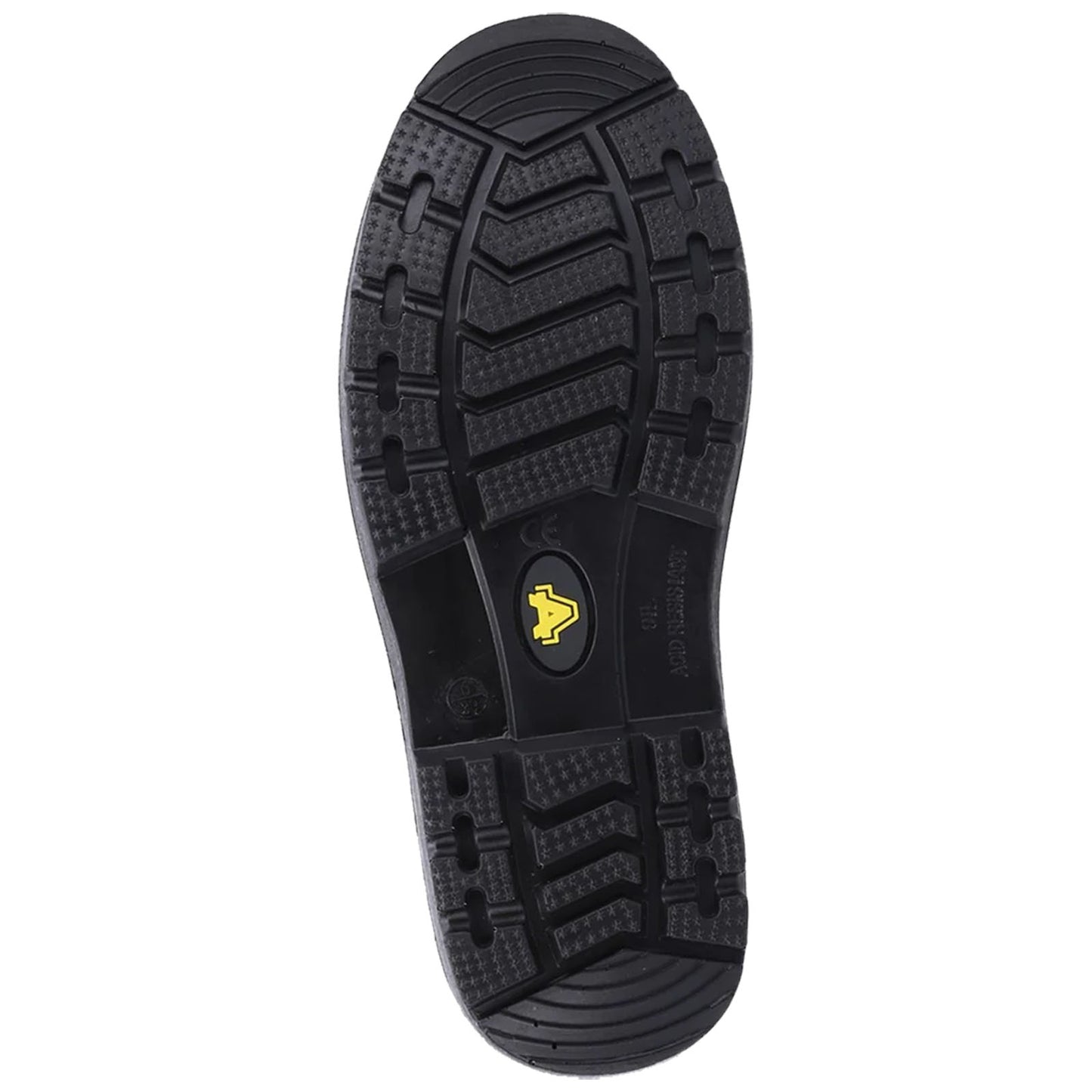 A black shoe sole is displayed with a textured pattern designed for grip and traction this object represents footwear designed for durability and stability in various environments.