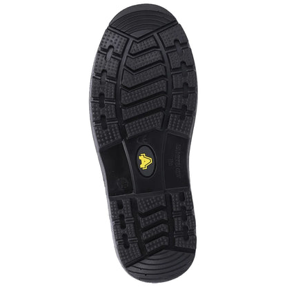 A black shoe sole is displayed with a textured pattern designed for grip and traction this object represents footwear designed for durability and stability in various environments.