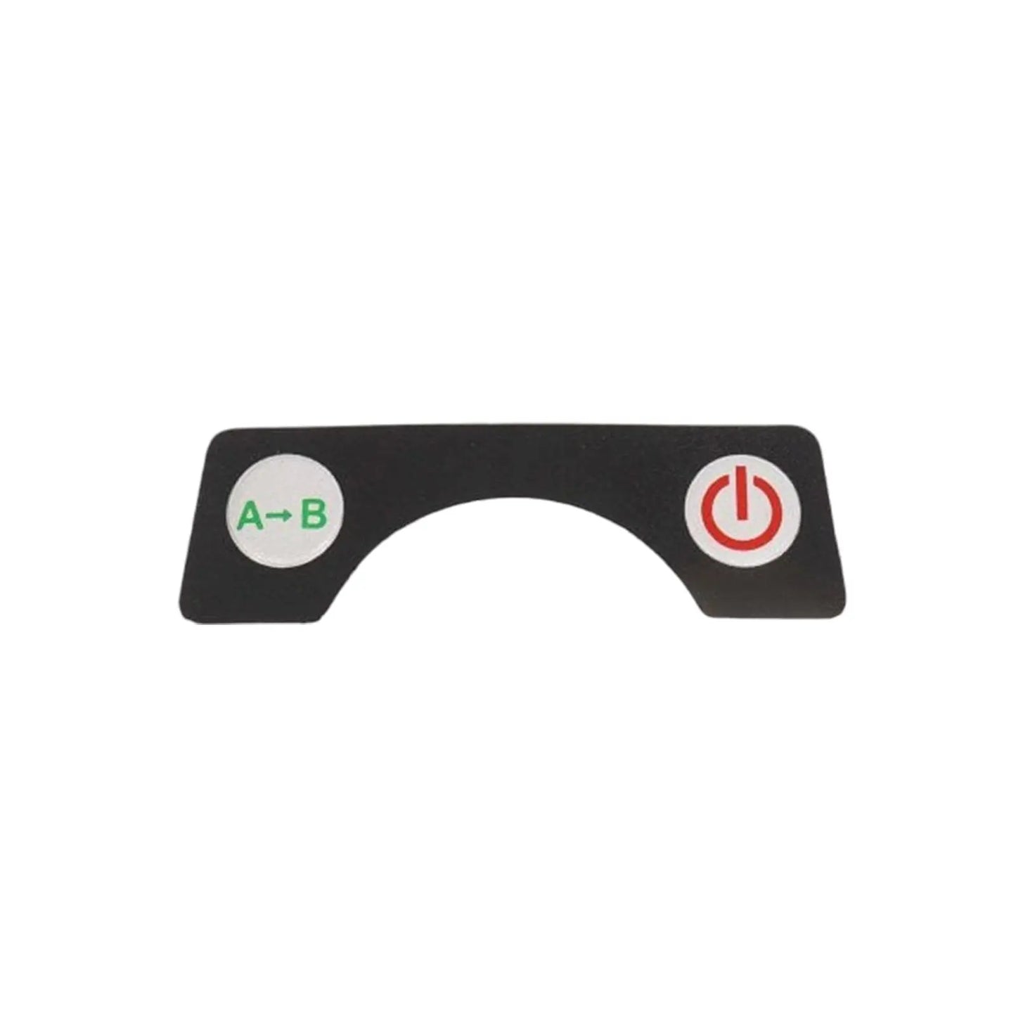A black plastic control panel cover features two circles labeled A to B in green and a power symbol in red indicating its function for switching or controlling a device.
