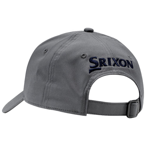 A gray baseball cap sits with the back facing forward featuring embroidered text that says Srixon the cap has an adjustable strap and a curved brim