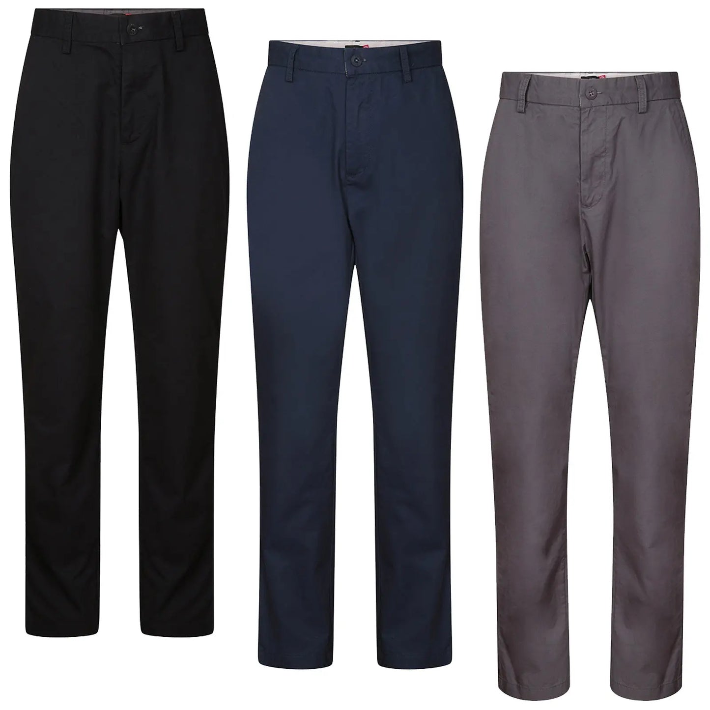 Black trousers are displayed standing upright showcasing a straight-leg fit and a buttoned waistband with a clean design set against a plain background.