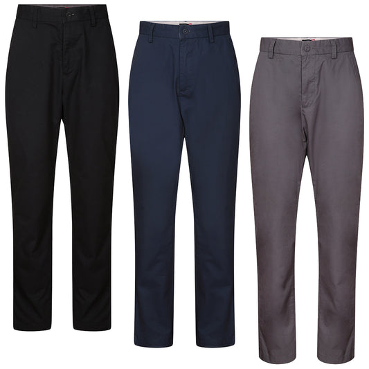 Black trousers are displayed standing upright showcasing a straight-leg fit and a buttoned waistband with a clean design set against a plain background.